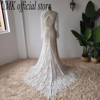 UMK Винтажное свадебное платье в стиле Бохо, иллюзия с длинным рукавом, Открытая спина, Сексуальные свадебные платья Русалки