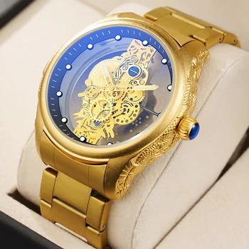 UTHAI H151 Мужские кварцевые часы из тисненой золотой стали, Оригинальные Роскошные Деловые Двусторонние Полые Мужские часы, Водонепроницаемые часы