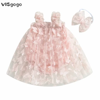 VISgogo Для маленьких девочек, 2 предмета, летние наряды принцессы, без рукавов, фатиновый комбинезон с 3D бабочкой, платье с бантом, повязка на голову, комплект