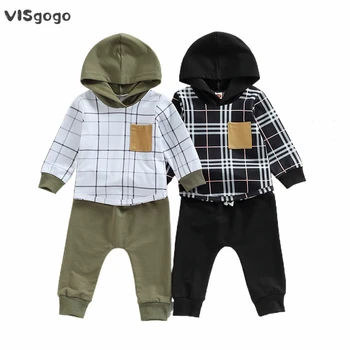 VISgogo Одежда для малышей и мальчиков, толстовка с капюшоном и длинными рукавами с клетчатым принтом, эластичный пояс, однотонные брюки, Детский весенне-осенний комплект