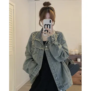 WDMSNA Джинсовая куртка с длинными рукавами и дырками Женская Весна 2023, новое джинсовое пальто в корейском гонконгском стиле с лацканами, женская однобортная куртка