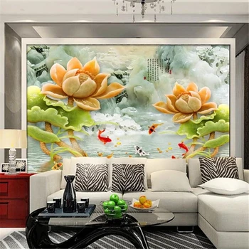 wellyu Пользовательские фотообои 3d фрески резьба по нефриту горная вода фигурка рыбы-лотоса гостиная обои фоновые обои