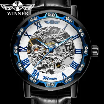 WINNER Механические мужские наручные часы с ручным заводом, военные армейские спортивные мужские часы, лучший бренд класса Люкс, синие Полые мужские часы со скелетом 8012