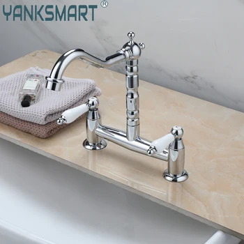 YANKSMART Хромированный Смеситель для ванной комнаты из латуни с двойными ручками / отверстиями, Установленный на бортике, Смесители для холодной и горячей воды, Кран для воды