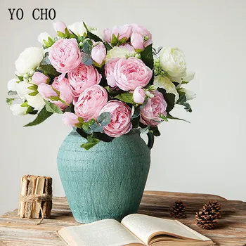 YO CHO 5 Heads Roses Искусственные цветы Белые пионы Розовые шелковые цветы Искусственные розы Букет пионов Свадебный декор для дома Цветы