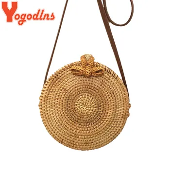 Yogodlns, Круглые соломенные сумки, Женская летняя сумка из ротанга, тканая пляжная сумка через плечо ручной работы, Circle Bohemia Bali Box