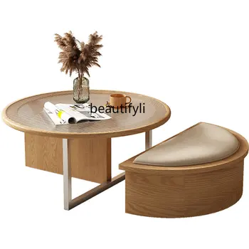zq Nordic Круглый журнальный столик из массива дерева, Комбинированный Бытовой столик для маленькой квартиры, гостиная, Многофункциональный чайный столик для хранения