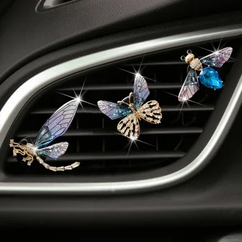Автомобильный зажим для духов в форме бабочки, форма стрекозы, Блестящий горный хрусталь, автоматический освежитель воздуха, зажим для духов для автомобиля