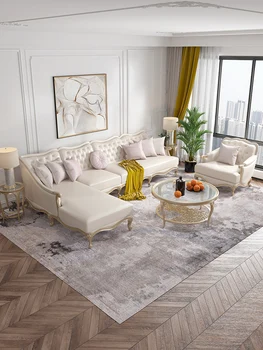 Американский светлый роскошный угловой диван для гостиной, современный роскошный диван высокого класса в стиле ретро из натуральной кожи и дерева