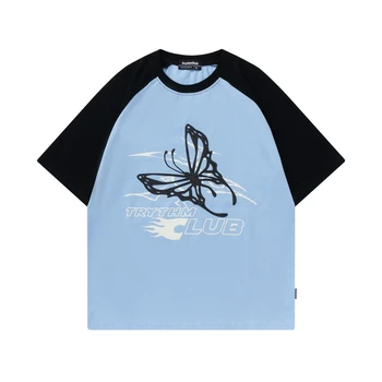 Американский стиль, хип-хоп, лоскутная футболка с рукавом Реглан, уличная одежда с принтом бабочки, хлопковые футболки, Женские свободные футболки Унисекс