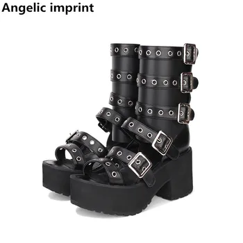 Ангельский отпечаток mori girl Женская мотоциклетная обувь в стиле панк, женские ботильоны в стиле лолиты, женские туфли-лодочки на высоком тонком каблуке, летние сандалии 8 см