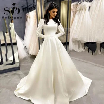 Арабское Мусульманское Свадебное платье SoDigne, Атласные Элегантные платья невесты с длинным рукавом, Пуговицы, Женское Свадебное платье Vestido de novia