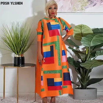 Африканские платья в складку для женщин 2023, традиционное нигерийское платье-кафтан с геометрическим принтом большого размера, мусульманский халат Abaya, женская одежда