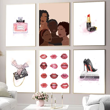 Афроамериканские Женские принты, Модный плакат, Духи для девочек, Высокие каблуки, Картина на холсте, Настенные рисунки растений, Декор гостиной