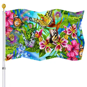 Бабочки в саду Весенний флаг Разноцветные цветы, сшитые двойной нитью, флаги с латунными люверсами, декор для дома, двора, улицы