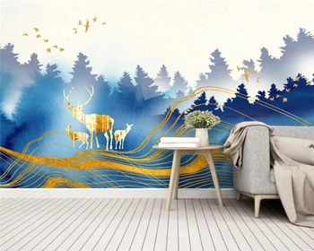 бейбехан Изготовленный на заказ современный новый пейзаж в китайском стиле чернильный олень линия сусального золота ТВ фон papel de parede 3d обои