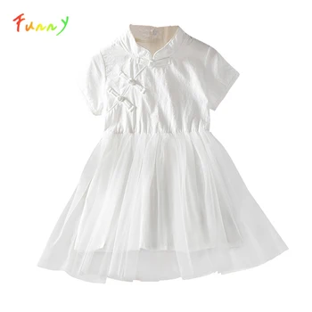 Белые платья в китайском стиле для девочек, Hanfu Cheongsam, Лето 2023, платье принцессы с вышивкой, детская одежда
