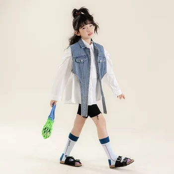 Белые рубашки для девочек, подростковые корейские топы, джинсовая ткань, стильная детская блузка на весну-осень от 12 до 14 лет