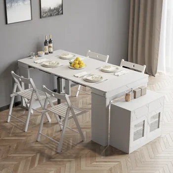 Белый выдвижной обеденный стол, современный прямоугольный буфет с запирающимся шкафчиком, ореховый и серый / белый