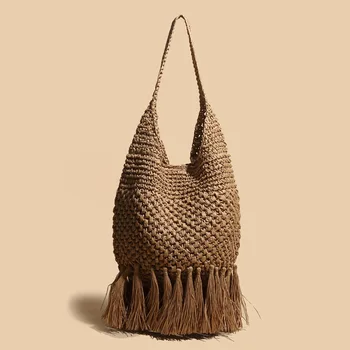 Большая вместительная соломенная сумка с кисточками, женская сумка через плечо, тканые женские сумки ручной работы, большая богемная пляжная женская сумка Shopper Tote 2023
