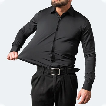 Брендовая эластичная рубашка, мужская деловая повседневная одежда с длинным рукавом, приталенная социальная рубашка, высококачественные черные Элегантные рубашки для мужчин