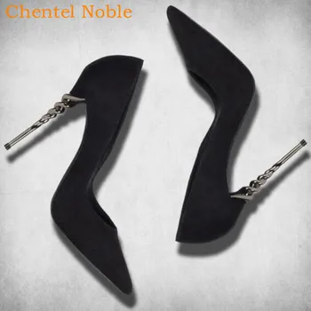 Брендовые женские дизайнерские туфли на высоком металлическом каблуке, женские модные свадебные туфли на высоком каблуке из флока, женские туфли-лодочки черно-красного телесного цвета