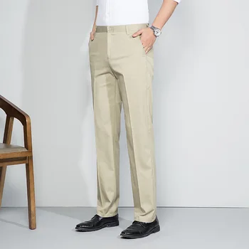 Весенне-летние Новые свободные повседневные брюки Lansboter цвета хаки, мужские тонкие эластичные брюки среднего возраста, прямые модные брюки