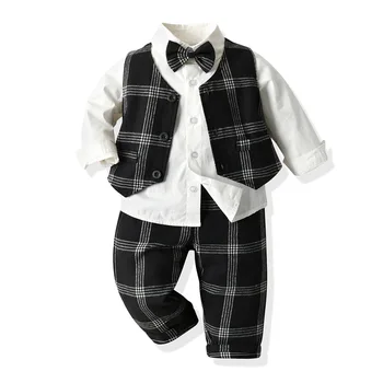 Весенне-осенние вечерние костюмы для маленьких мальчиков, детская одежда, черный клетчатый жилет, рубашка, брюки, 3 шт./компл., модная детская одежда для вечеринки