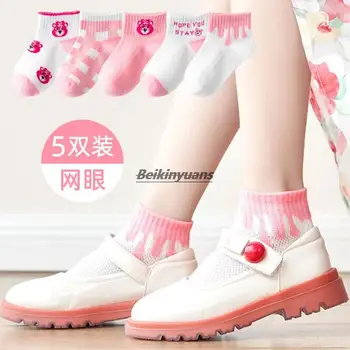 Весенние и летние носки, сетчатые детские спортивные носки, розовые носки для девочек с мультяшным медведем, хлопковые носки, легкие носки-лодочки