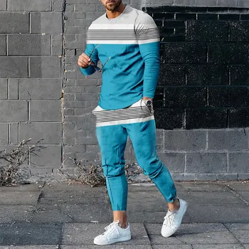 Весенняя мужская спортивная одежда с 3D-принтом, футболка с длинным рукавом, Уличная осенняя повседневная мужская футболка из двух предметов, Мужская футболка большого размера
