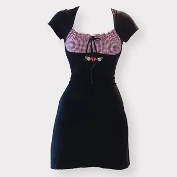 Винтажное мини-платье с вышивкой Кавайным бантом в стиле пэчворк, квадратный воротник, короткий рукав, черное платье в стиле ретро Y2K, эстетическая сказочная одежда