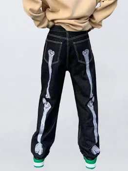 Винтажные мужские джинсы Y2K с вышивкой в виде черепа - прямые брюки ручной стирки для повседневной уличной одежды, мужские джинсы
