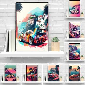 Винтажный спортивный автомобиль F40, плакат с комиксами и принтом, холст, картина в стиле роскошных гонок, Суперкар, неоновый эффект, настенный декор комнаты