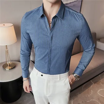 Высококачественная рубашка с длинным рукавом, деловая рубашка премиум-класса, мужская рубашка в полоску, облегающая стрейчевая повседневная облегающая светская рубашка