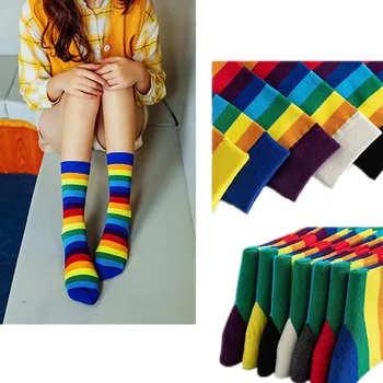 Высококачественные носки средней длины Tide Couple, мужские и женские повседневные носки из чистого хлопка Rainbow, носки в тон уличным конфетам