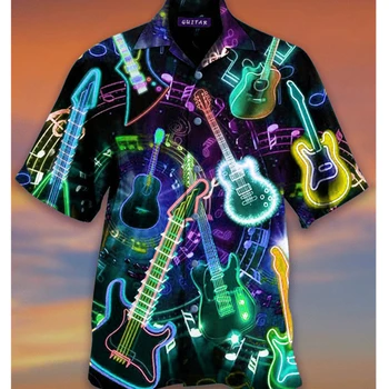 Гавайская мужская рубашка с кубинским воротником музыкальная рубашка для мужчин с 3D музыкальной гитарой Повседневные топы с коротким рукавом Оверсайз Футболка мужская Camisa