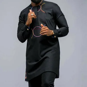 Горячая распродажа, новая однотонная рубашка в этническом стиле свободного покроя с длинными рукавами и круглым вырезом, черная мужская длинная рубашка