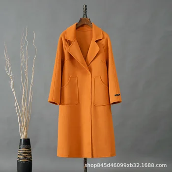 Двустороннее кашемировое длинное пальто Яркого цвета, пальто с отворотом и большим карманом, Осенняя женская одежда-M