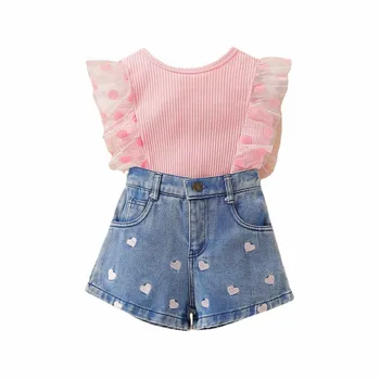 Детская одежда Летний костюм для девочек в иностранном стиле, новый сетчатый кружевной топ, джинсовые шорты с вышивкой, одежда для маленьких девочек от 2 лет