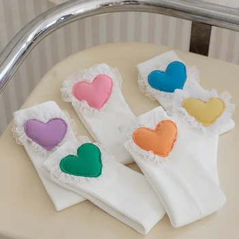Детские белые носки Принцессы Для девочек Весна Лето Хлопчатобумажные носки до колен Для малышей в форме сердца с цветочным рисунком Длинные носки