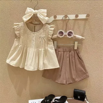 Детские летние костюмы для девочки, блузка с коротким рукавом, шорты, комплект одежды из 2 предметов, широкие короткие штаны, детская хлопковая одежда, одежда