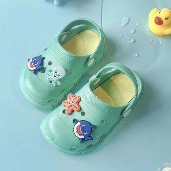 Детские тапочки из ПВХ с изображением океанских животных, Обувь с дырками, Пляжные сандалии для мальчиков, Домашние тапочки для девочек, Детская садовая обувь с запахом на каблуке, Летняя