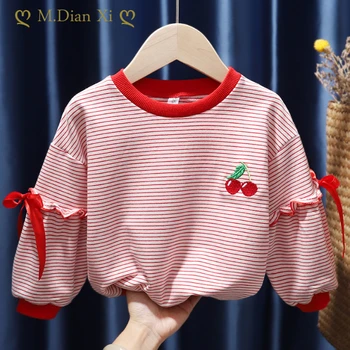 Детский весенний свитер с длинными рукавами 2022, блузка с вишневой вышивкой для девочек, пуловеры в полоску, детская одежда, блузка для девочек