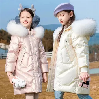 Детский пуховик средней длины для девочек 2021 года корейской версии из яркой кожи, утолщенный, для девочек среднего и большого размера, зимний