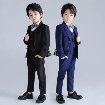 Детский черно-синий блейзер для мальчиков, жилет, комплект брюк, детский формальный свадебный костюм для выпускного вечера, элегантное платье для маленьких мальчиков, подростковый праздничный костюм