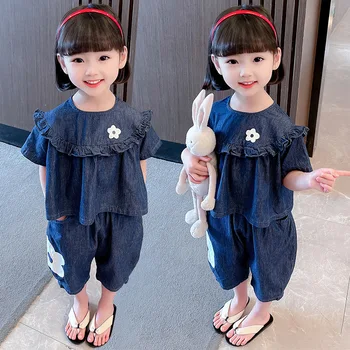 Джинсовый комплект с цветочным узором для девочек 2023, Летняя новинка, модные Детские шорты в корейском стиле для девочек, костюм-двойка от 2 до 6 лет