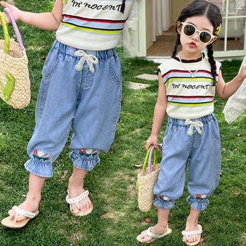 Джинсы для девочек с цветочным рисунком, джинсы для девочек, джинсы в повседневном стиле, детская летняя одежда