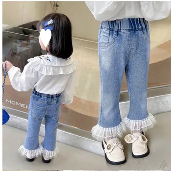 Джинсы для маленьких девочек, Детские джинсовые брюки с эластичной резинкой на талии, Весна-осень 2023, брюки для малышей, детская одежда в корейском стиле