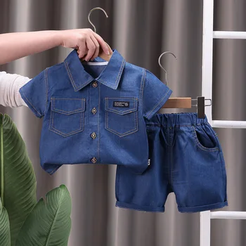 Джинсы для маленьких мальчиков, летние топы с короткими рукавами + трикотажные шорты, детские джинсы из 2 предметов + джинсовая рубашка, комплекты детской одежды