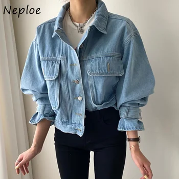 Дизайн манжеты Neploe, Большой карман, укороченная джинсовая куртка с высокой талией, женские шикарные Свободные повседневные пальто 2023, Красивая осенняя одежда